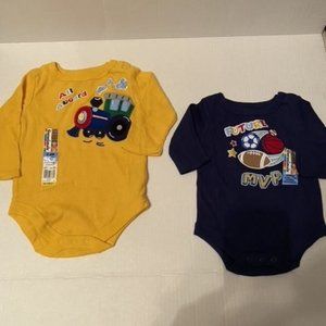Two (2) Garanimals longsleeve bodysuits  Gold 3-6 month    Navy  Newborn